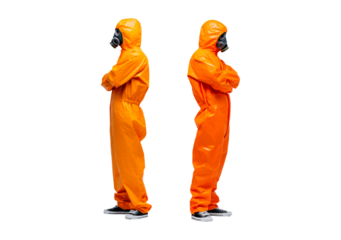 Orange hazmat suits with respirators for safety and protection concept on transparent background, PNG