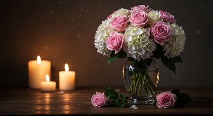 柔らかな灯り照らす薔薇と紫陽花の花束 静謐な美しさ. AI Generated