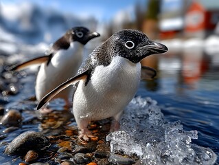 Penguins entering water, rocky shore, snow