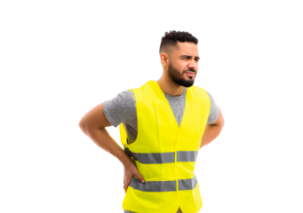 Construction worker experiencing back pain in safety vest on transparent background, PNG