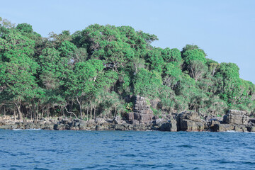 Lush tropical island shoreline with rocky coastline and dense green foliage
