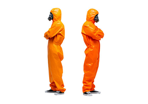 Orange hazmat suits with respirators for safety and protection concept on transparent background, PNG