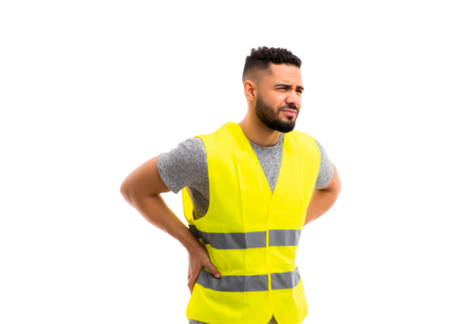 Construction worker experiencing back pain in safety vest on transparent background, PNG