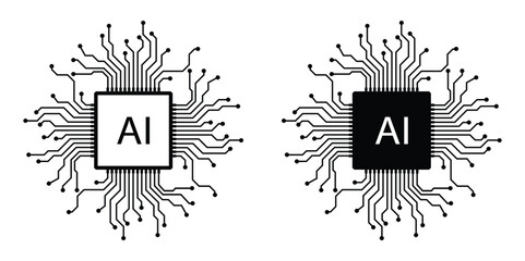 Ai chip icon in outline and filled isolated on white bg.