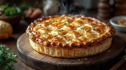Braham Pie Day. Golden lattice chicken pot pie with fresh herbs on rustic wood table