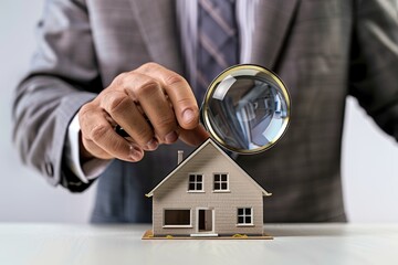 Businessperson examines miniature house with magnifying glass