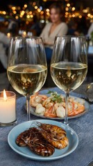 Albariño Day. Elegant dining with white wine and seafood in a cozy evening ambiance