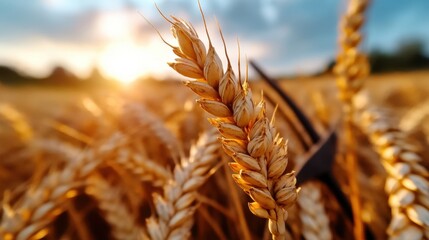 Golden wheat field at sunrise with close-up of ripe ears and sunlight Lughnasadh
