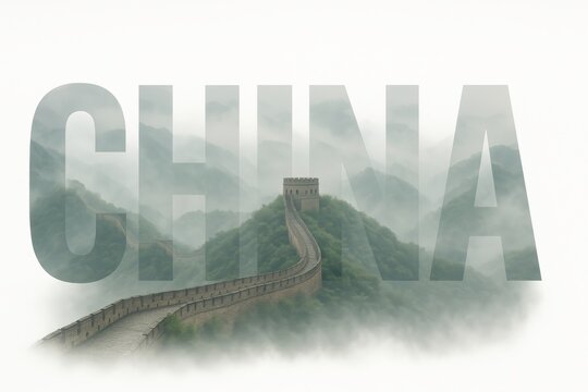 Great wall of China with misty mountains and bold text overlay