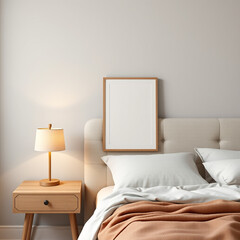 mockup frame for print on demand cozy bedroom wall art with empty poster on nightstand soft fabric headboard backdrop chic aesthetic home decor 3d render design for artists and creatives