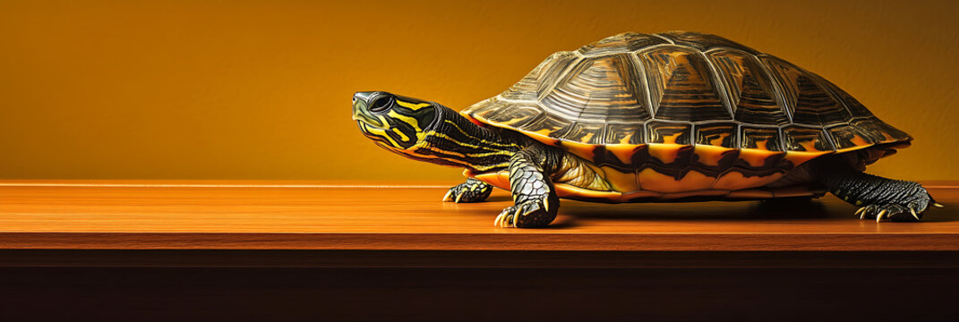 Turtle Portrait: detailed portrait of a turtle on a wooden table against a warm orange background. The turtle's shell and yellow markings are eye-catching.