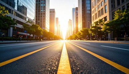 A sunlit empty city street lined with tall modern buildings and green trees, captured from a low angle at sunrise or sunset