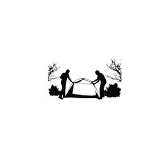 Silhouette of friends setting up a tent in a forest on white background