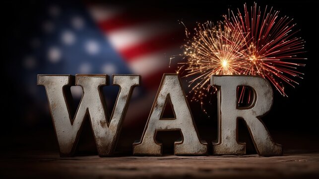 War text with American flag and fireworks background symbolizing celebration and conflict