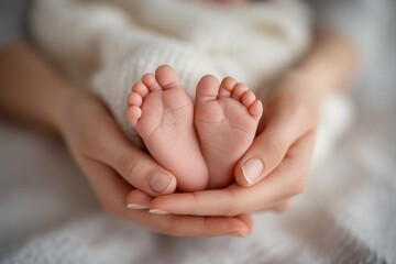Newborn baby feet cradled in adult hands on soft blanket