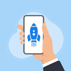 Businessman hand holding smartphone showing graphic with rocket rising up. Business start up. Vector illustration.