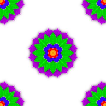 A vibrant mandala flower with layered petals in green, purple, and orange. Perfect for prints, textiles, backgrounds, or decorative art.