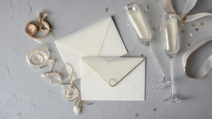 Elegant wedding and birthday card invitations on a stylish table celebratory atmosphere flat lay view