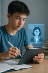 Teen boy engaging in virtual AI learning with digital tablet and online tutor