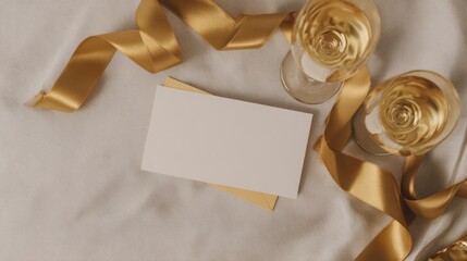 Elegant wedding or birthday card invitation on soft fabric with gold accents and glasses for celebratory events