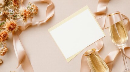 Elegant wedding and birthday card invitation design with champagne and flowers soft color palette minimalist style