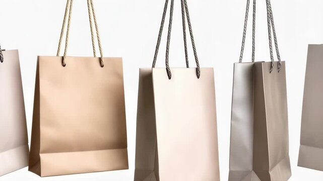 Five elegant shopping bags in muted colors hanging in a row against a white background