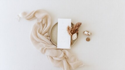 Stylish wedding and birthday invitation card on elegant table setting soft natural light minimalist design