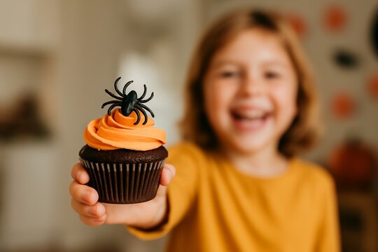 Smiling child holding Halloween cupcake with orange frosting and spider topper