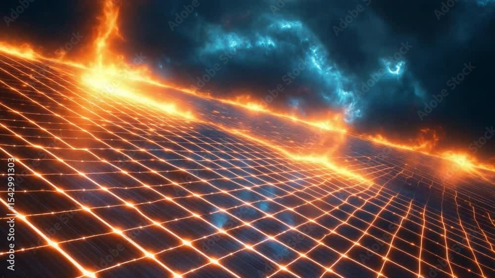 Poster Abstract digital Grid and Energy: A visually arresting digital art piece showcasing a dynamic grid pattern pulsating with vibrant energy. The grid, illuminated with fiery hues.
