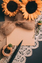 Elegant wedding and birthday invitation card design with sunflowers rustic setting close-up view