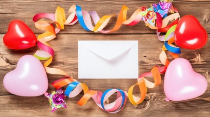 Creative wedding and birthday card invitation ideas with colorful decorations rustic wooden background celebratory atmosphere