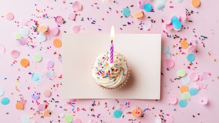 Birthday card invitation with cupcake home photo colorful confetti top-down view celebration concept
