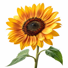 Obraz premium sunflower with bright yellow petals and textured brown center displayed in full bloom with natural green stem isolated on white background