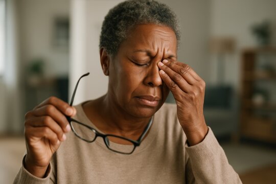 Elderly woman experiencing eye strain while holding glasses in living room