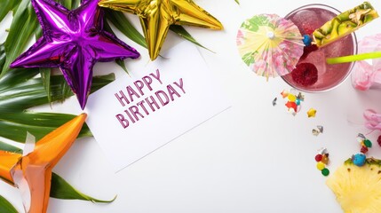 Vibrant birthday celebration with colorful invitations and cards festive decor party atmosphere top-down view