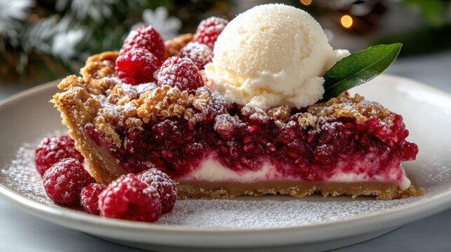 Raspberry crumble pie with ice cream and fresh raspberries on plate National Raspberry Cream Pie Day