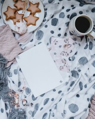 Creative wedding and birthday card invitation ideas on cozy blanket home setting aesthetic photography