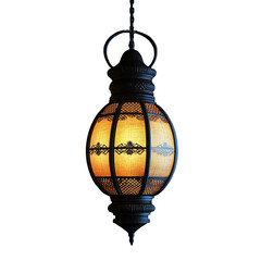 Fototapeta premium Traditional Asian lantern glowing softly in the dark atmosphere, Traditional Asian Lantern Illuminated Isolated