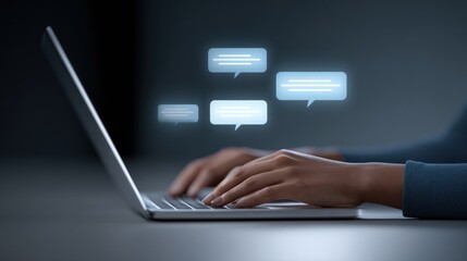 Online Communication Concept with Laptop and Floating Chat Bubbles