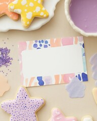 Creative wedding and birthday card invitation ideas with colorful cookies aesthetic setup whimsical theme