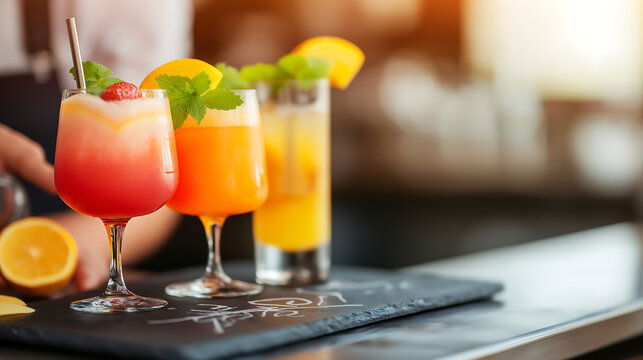 A vibrant mocktail menu featuring fruity and herbal non-alcoholic drinks, served in colorful glasses on a wooden table in a cozy, rustic café surrounded by lush greenery.