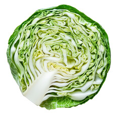 Fototapeta premium Freshly sliced cabbage surrounded by crisp green leaves on a Transparent background, slice cabbage isolated on PNG background