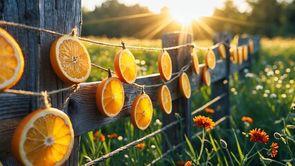 Fototapeta premium Orange Slices Hanging on Rustic Fence in Sunlit Meadow