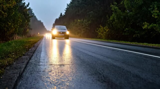 Warning triangle on a wet road with oncoming cars during a rainy, dark evening, emphasizing caution and potential road hazards