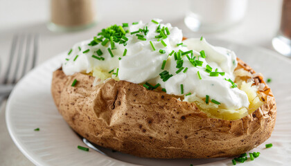 Close-Up of Baked Potato with Sour Cream and Chives on White Plate