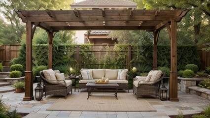 Obraz premium Wooden pergola with outdoor patio furniture and landscaping.