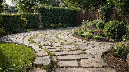 A winding stone path meanders through a landscaped garden.