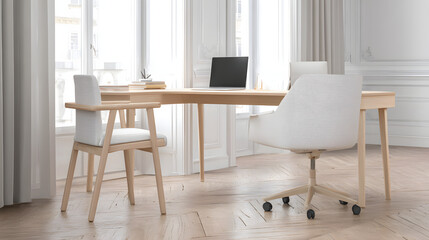 Minimalist wooden office corner with clean lines and natural light, embodying modern simplicity and open space harmony.