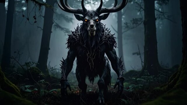 Eerie dark fantasy creature with antlers, glowing eyes, and wolf-like features lurking in a misty, atmospheric forest at dusk or dawn.