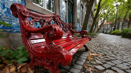 Red bench, cobblestone street, Portugal, relaxing